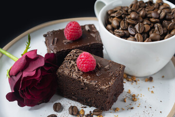 cup of coffee and chocolate cake, brownie