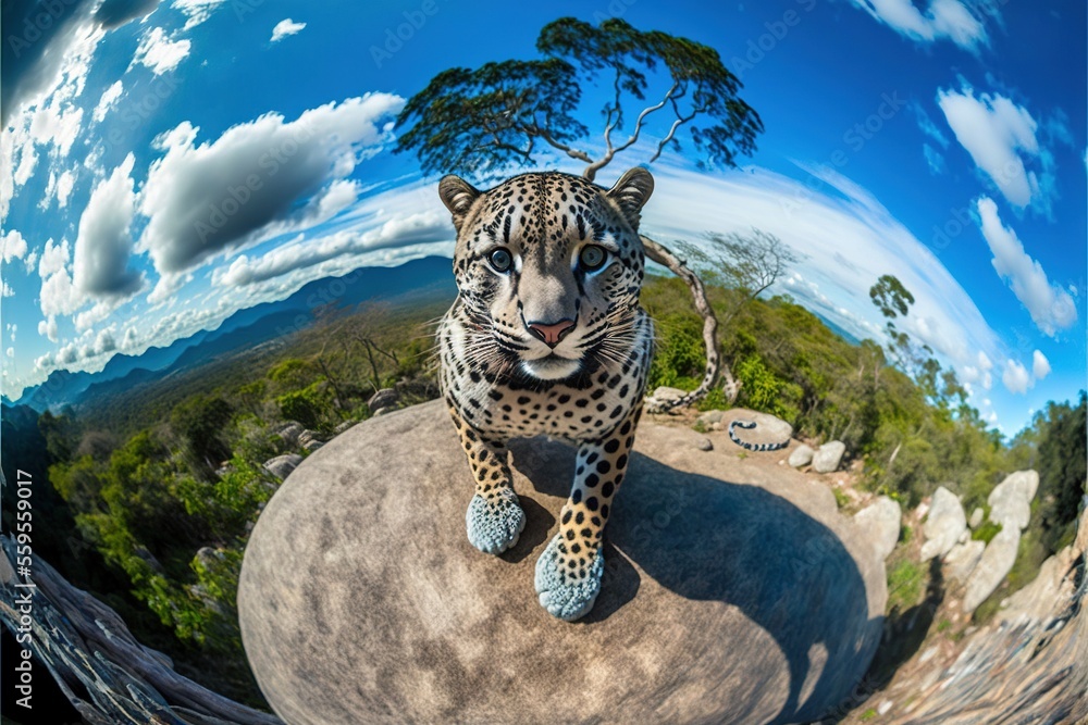 Poster a camera lens view of a leopard on a rock in the wild with a sky background and clouds in the sky ab