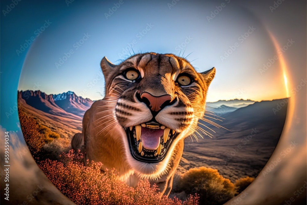 Poster a picture of a mountain lion with its mouth open and a mountain in the background with a full moon i