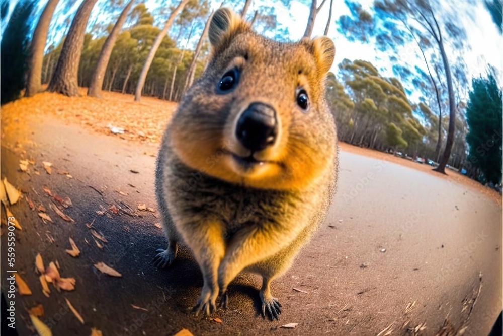 Poster a close up of a camera lens with a kangaroo on the road in the background and trees in the foregroun