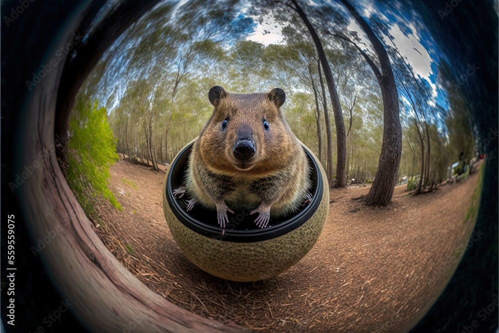 Poster a very cute looking animal in a bowl in the woods with trees in the background and a reflection of a