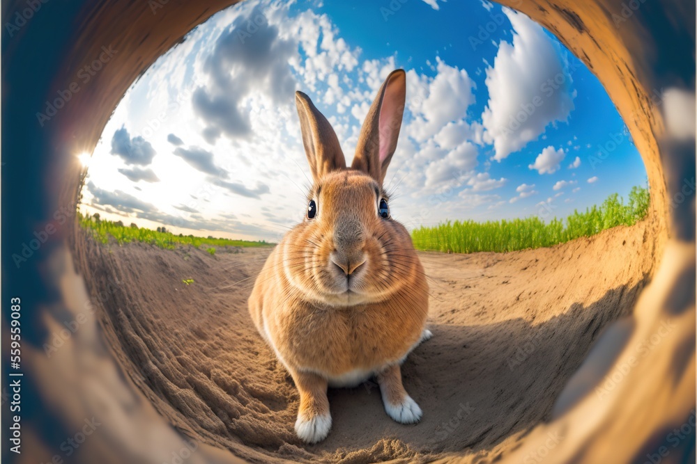 Aufkleber a rabbit sitting in the middle of a dirt field with a sky background and clouds in the background, l