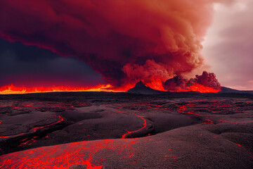 Lava field with volcano eruption in the background and clouds, Generative AI - obrazy, fototapety, plakaty