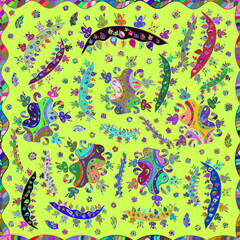 Fototapeta na wymiar Seamless pattern with interesting doodles on colorfil background. illustration.