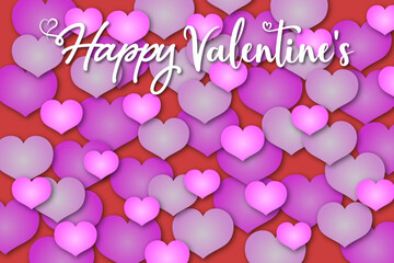 Vector art features the words 'happy valentine's' in white letters with a background of colorful hearts