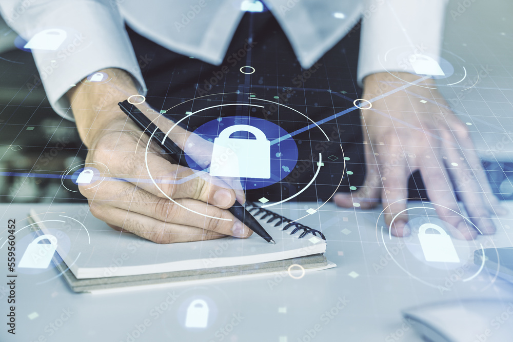 Aufkleber double exposure of creative lock hologram with chip and hand writing in notebook on background with 