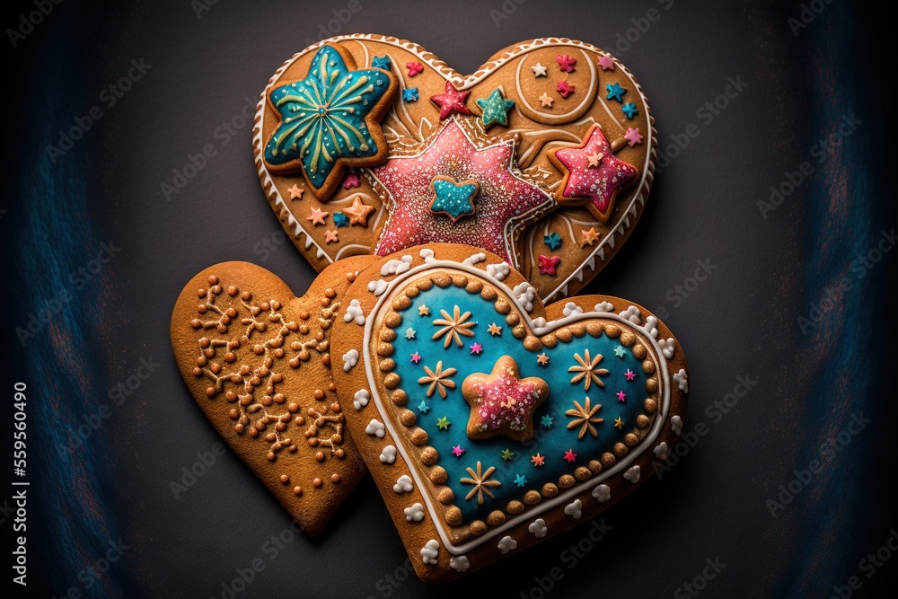 Aufkleber a close up of three heart shaped cookies on a table with a blue background and a black background be