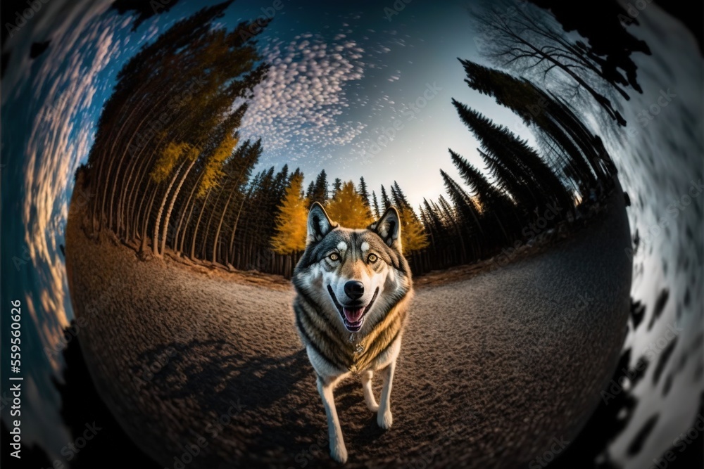 Poster a dog is standing on a road with its mouth open and tongue out, looking at the camera with a forest 