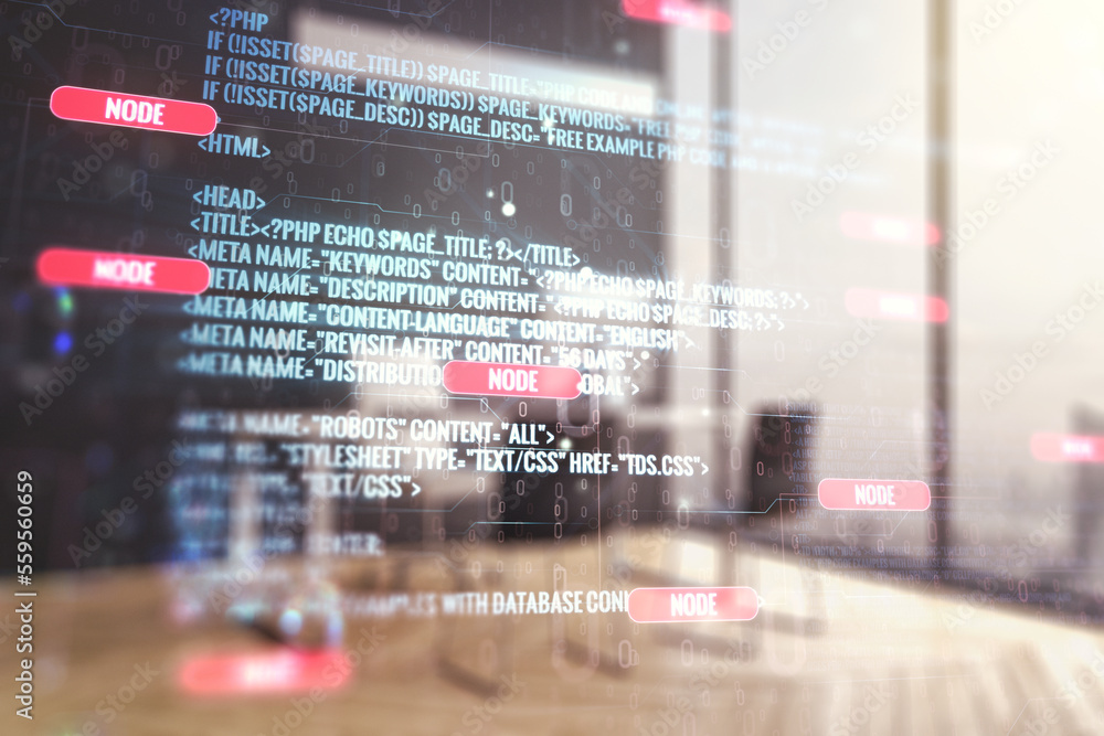 Leinwandbilder Double exposure of abstract creative programming illustration and modern desk with computer on background, big data and blockchain concept