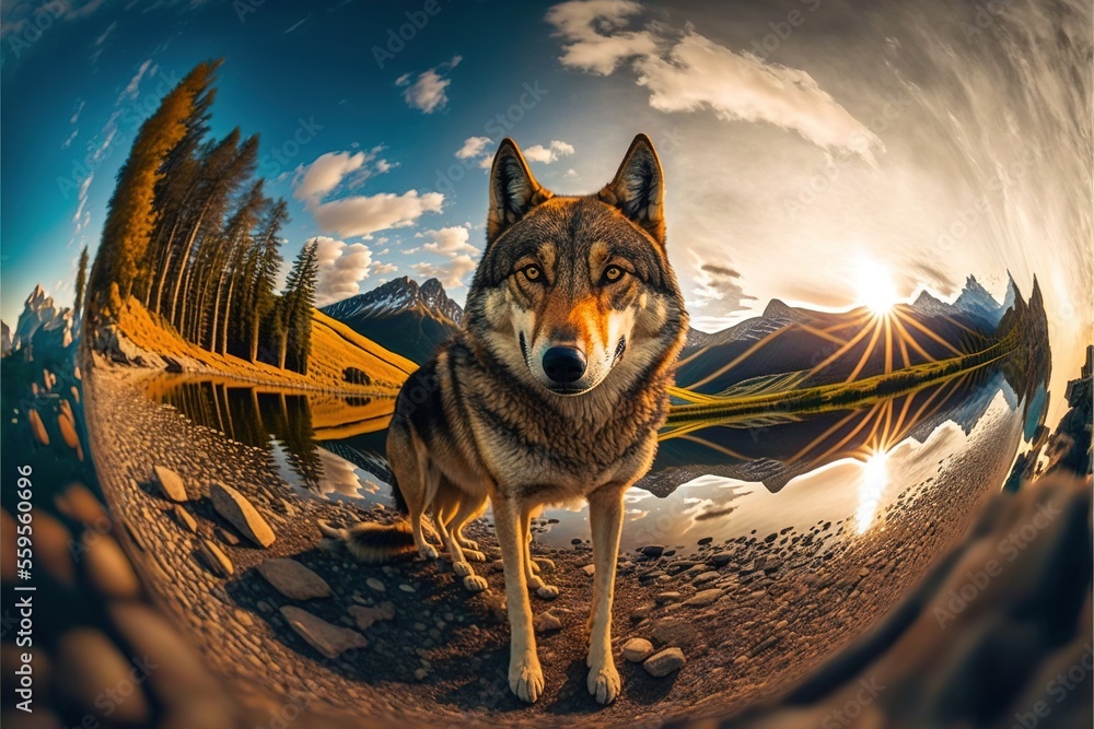 Poster a wolf standing on a rocky ground next to a lake and mountains with a sky background and a sun setti
