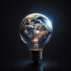 a light bulb with a picture of the earth inside it on a black background with a reflection of the earth in the light bulb, with a black background with a reflection of a light.