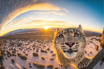  a snow leopard is looking at the camera with a sunset in the background and a mountain range in the distance with snow on the ground and rocks and rocks on the ground, and a. Generative AI - obrazy, fototapety, plakaty