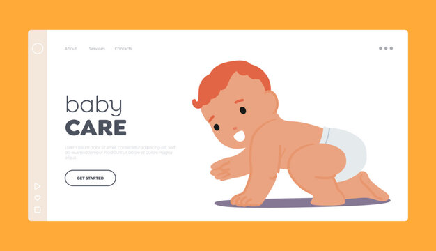 Baby Care Landing Page Template. Newborn Redheaded Baby Crawling. Cute Innocent Infant Character Wear Diaper