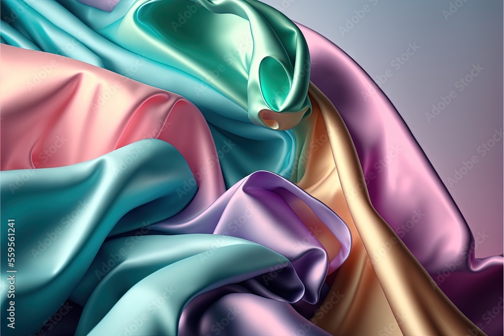 Poster  a colorful background with a very large amount of fabric on it's sides and a large amount of fabric on the other side of the image, with a gold button in the middle. Generative AI