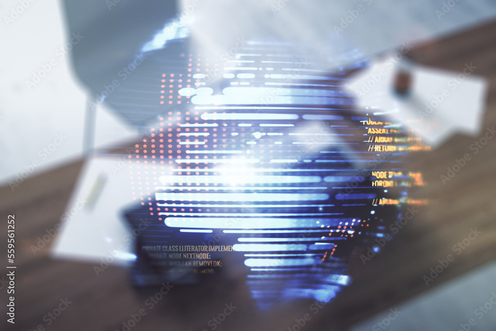 Poster double exposure of abstract creative programming illustration with world map and modern desk with co