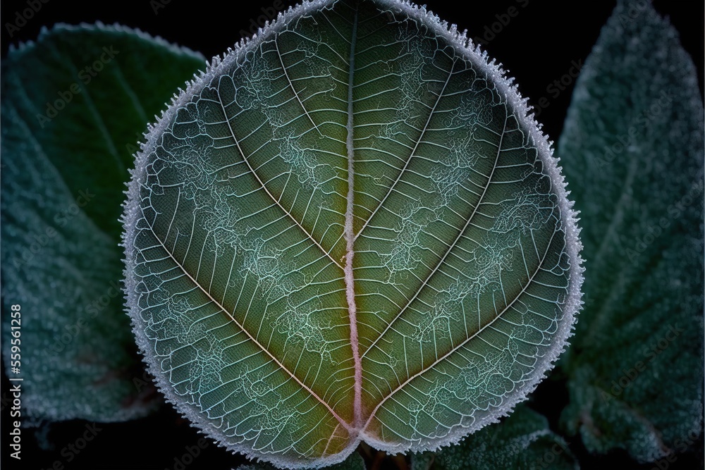 Poster a close up of a leaf with a black background and a green background with a white border and a green 