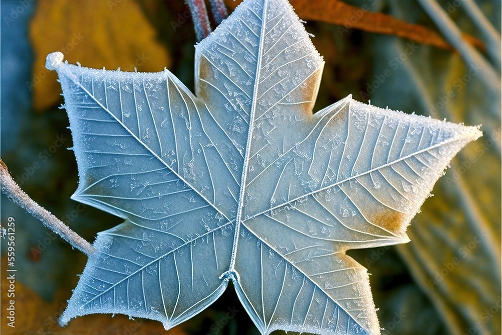 Aufkleber a leaf with frost on it sitting on a branch in the sun with leaves around it and a few drops of wate