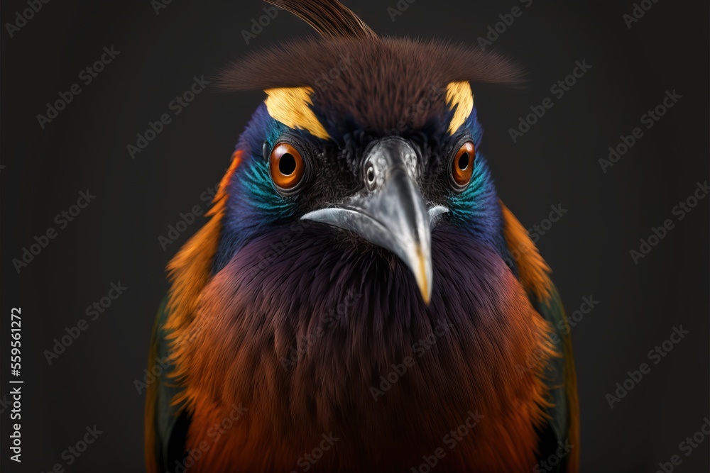 Poster a colorful bird with a black background and a yellow beak and orange eyes is looking at the camera w