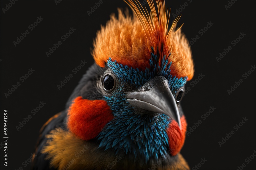 Poster a colorful bird with a black background and a black background with a red, orange, and blue bird on 