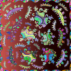 Obraz premium Seamless pattern with interesting doodles on colorfil background. illustration.