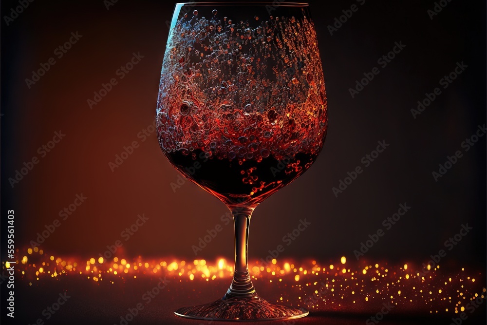 Poster a glass of wine with a lot of bubbles in it on a table with a blurry background of gold lights and a