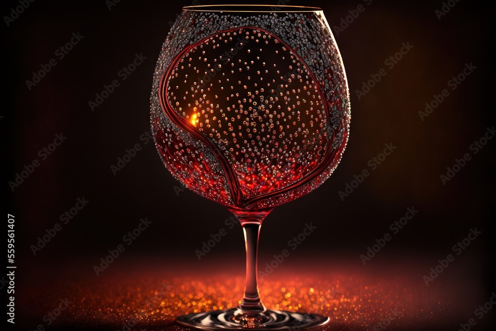 Poster a wine glass with a red liquid inside of it on a table top with a black background and a red light b