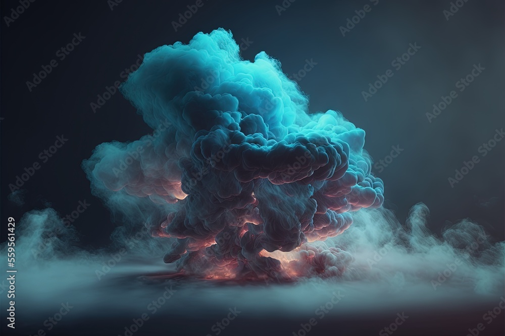 Poster a blue cloud of smoke is in the air on a black background with a red spot in the center of the cloud