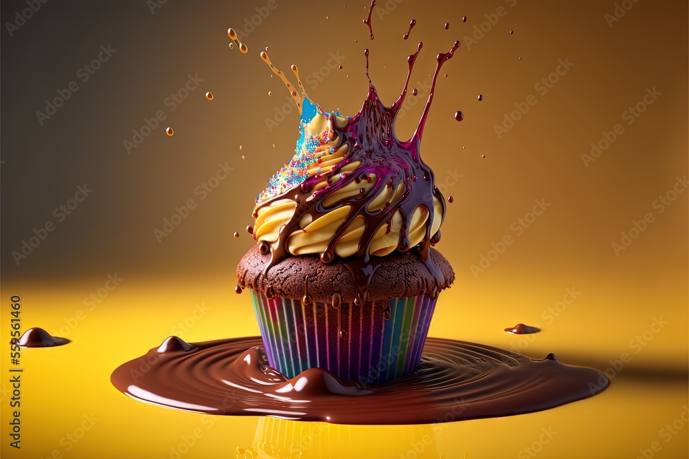 Poster a cupcake with chocolate and sprinkles on a yellow surface with a splash of chocolate on top of it a