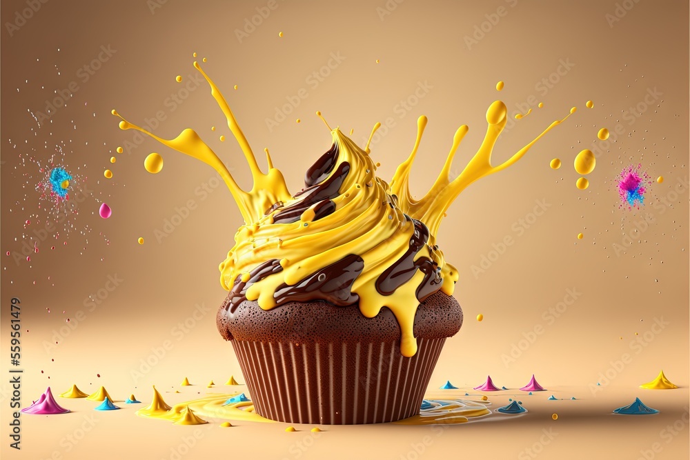 Poster a cupcake with yellow icing and sprinkles on a brown background with a splash of paint on it and a s