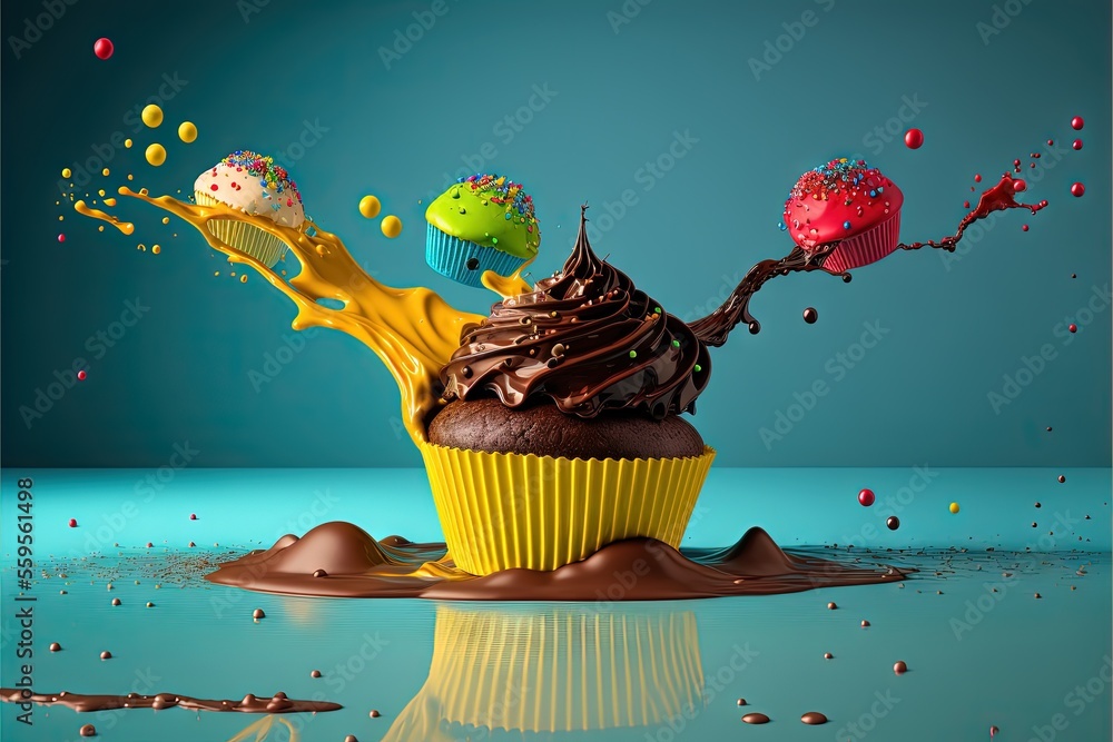 Aufkleber a cupcake with chocolate frosting and sprinkles on a blue surface with a splash of chocolate on top 