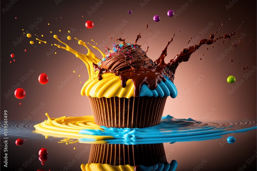 Poster a cupcake with a chocolate frosting and sprinkles on it is in the water with a splash of paint on th