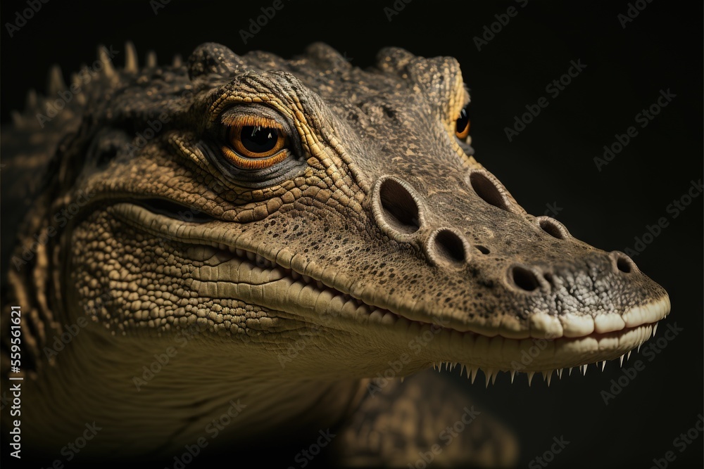 Poster a close up of a crocodile's head with a black background behind it and a black background behind it 