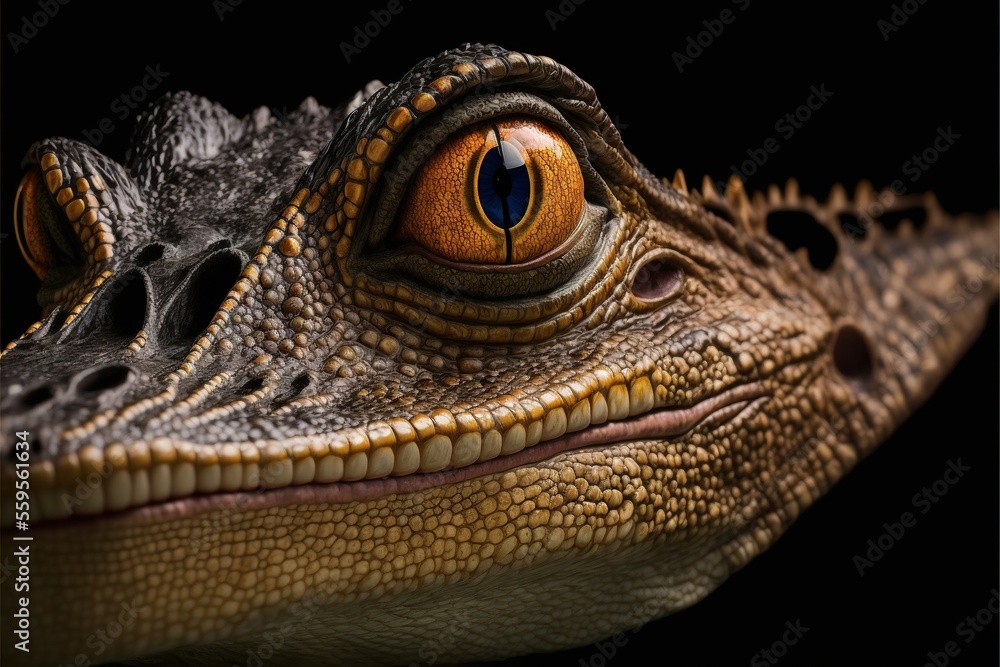 Poster a close up of a lizard's eye with a black background and a black background behind generative ai