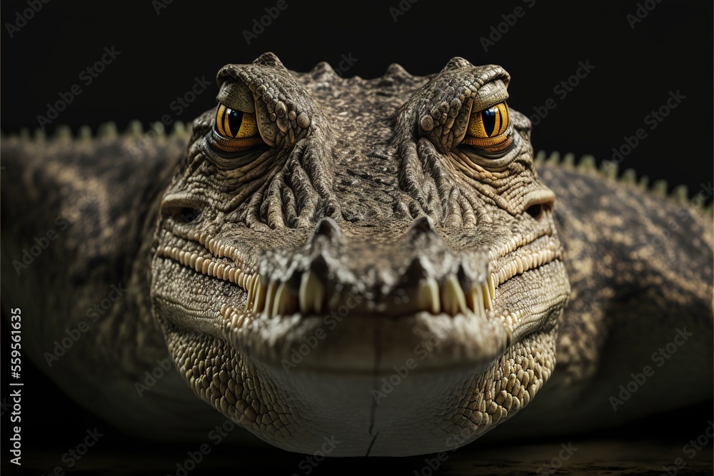Poster a close up of a large alligator's face with a black background behind it and a black background behi