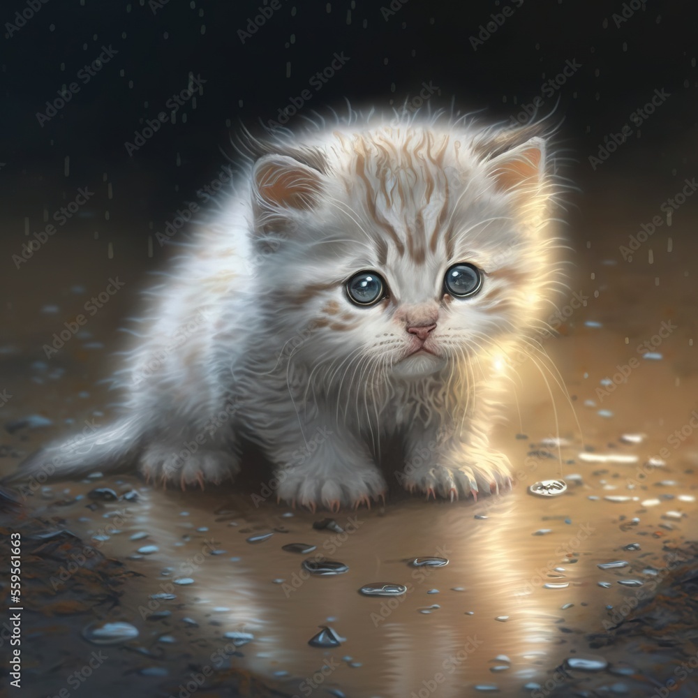 Poster a small kitten sitting on a wet surface with a rain drop on it's floor and looking at the camera wit