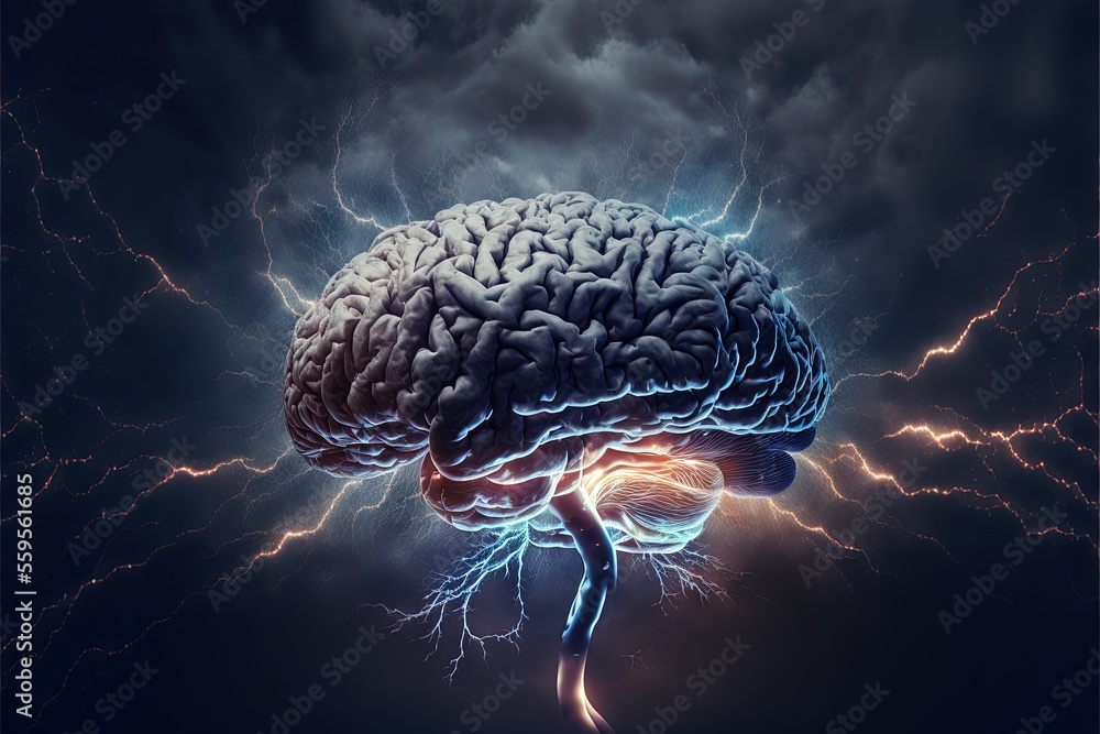 Poster a brain with a lightning bolt in the background and a dark sky with clouds and lightnings behind it,