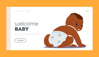 Welcome Baby Landing Page Template. Newborn African Kid Wear Diaper Sit on Floor Rear View. Cute Innocent Black Infant