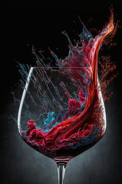  A Glass Of Wine With A Splash Of Liquid In It On A Black Background With A Black Background And A Red And Blue Swirl In The Bottom Of The Glass With A Black Background And.