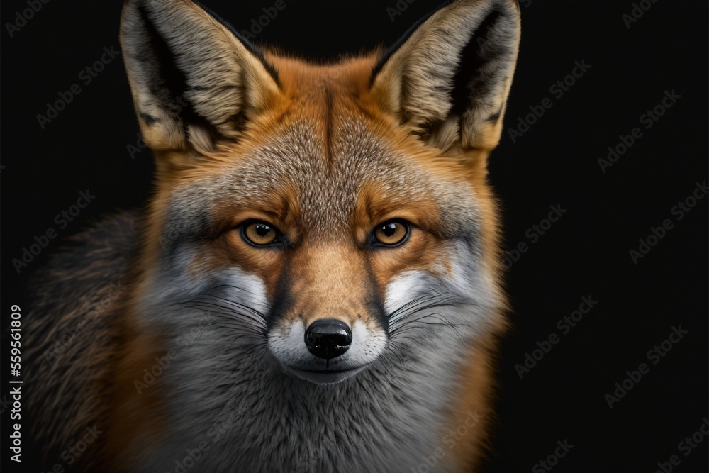Poster a close up of a fox's face with a black background and a red fox's head with a white stripe on it's 