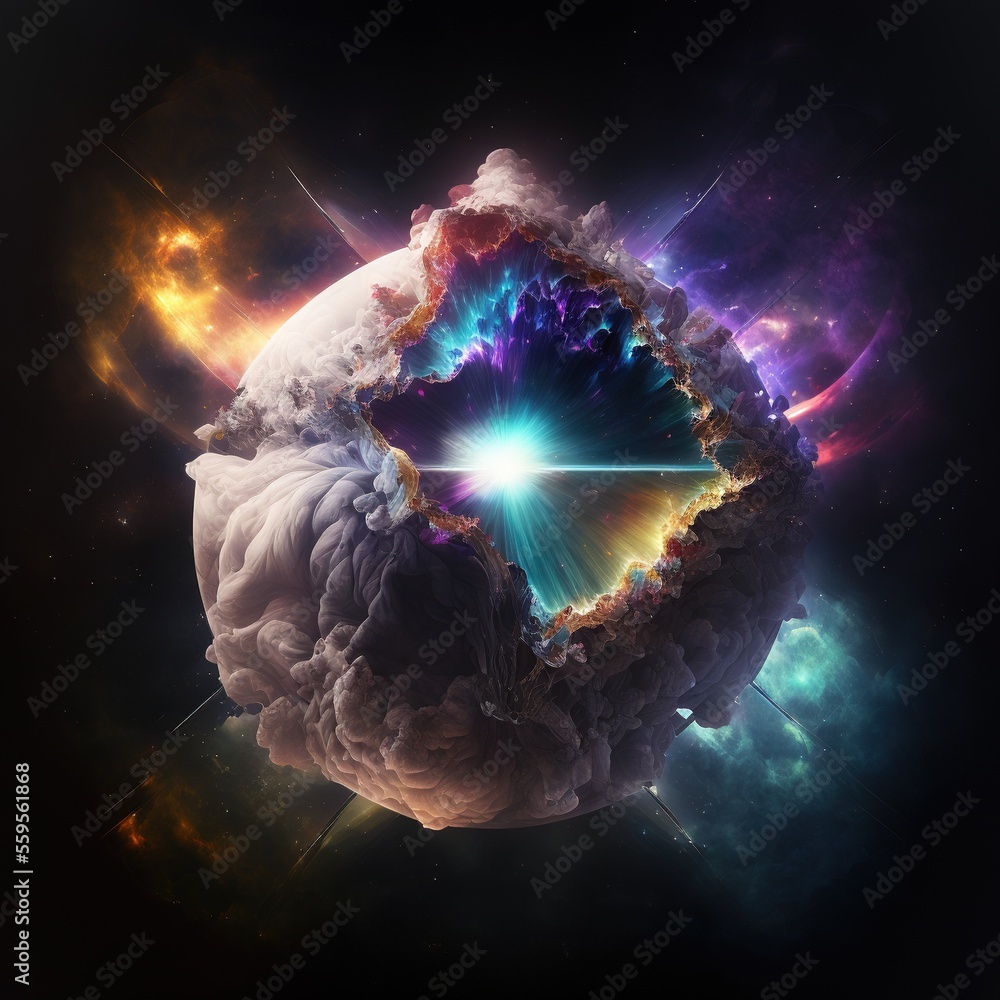 Poster a colorful object with a star in the middle of it's center and a black background with a white circl