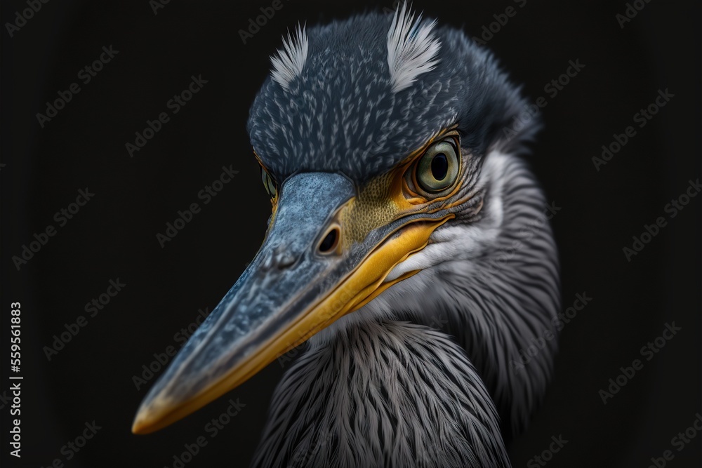 Poster a close up of a bird with a black background and a yellow beak and head with a black background and 