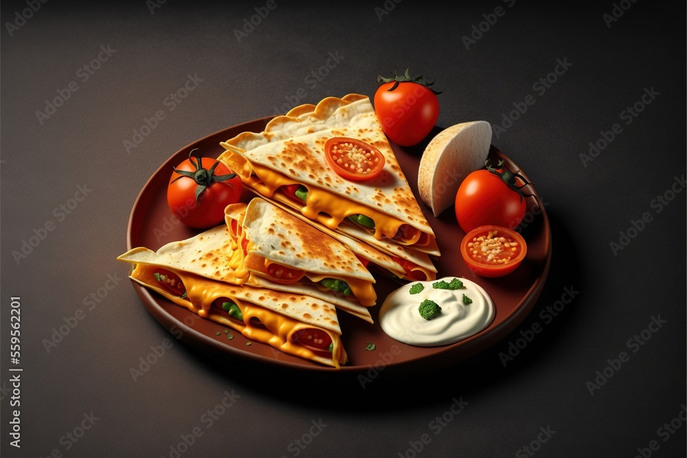 Poster a plate of food with a variety of different types of food on it and a small bowl of dip and tomatoes
