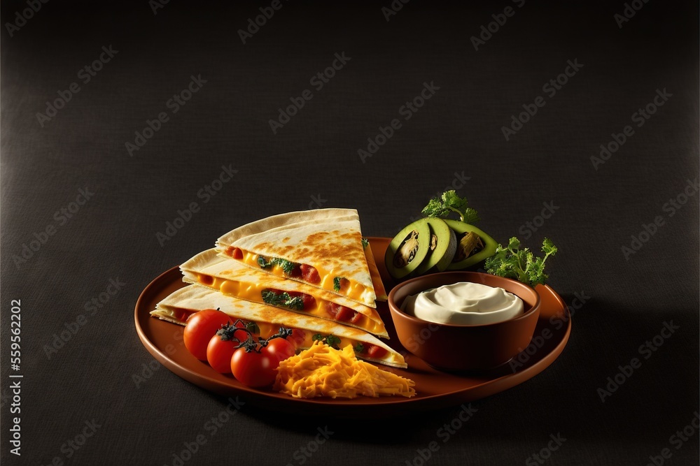 Poster a plate of food with a bowl of dip and a tortilla on it with tomatoes and avocado on the side and a 