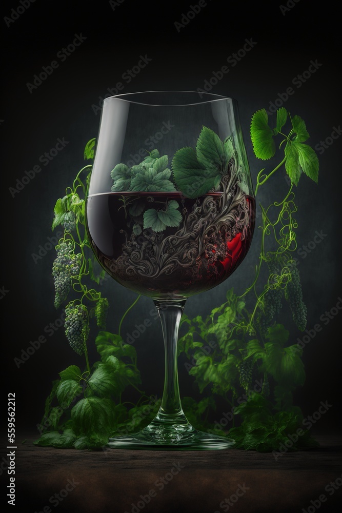 Poster a glass of wine with a plant in it on a table with a black background and a dark background with a g