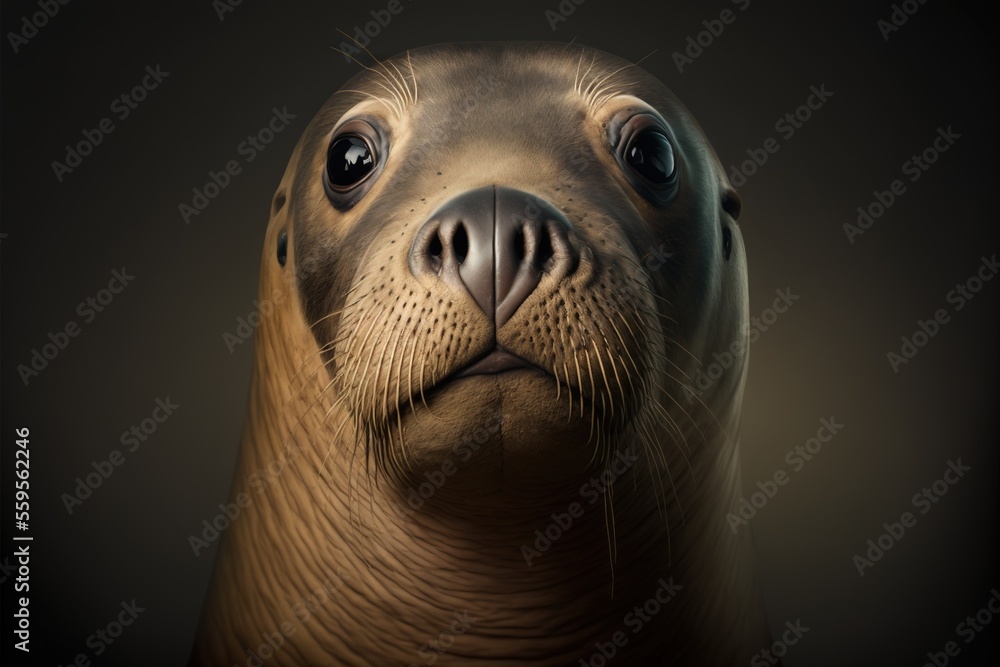 Poster a seal is looking up at the camera with a black background and a black background behind it, with a 