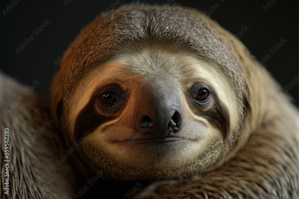 Poster a sloth is laying down on a blanket and smiling at the camera with a black background behind it and 