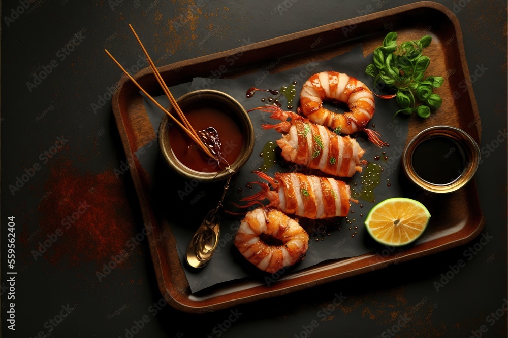 Poster a tray with shrimp and dipping sauces and a lemon slice on it with chopsticks and a lemon slice on t