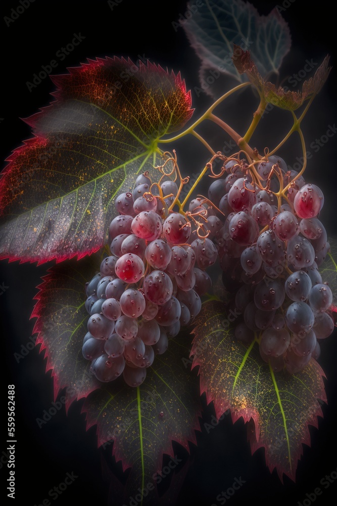 Poster a bunch of grapes with leaves on a black background with a red light coming from the center of the p