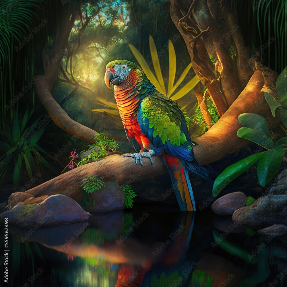 Poster a colorful parrot sitting on a branch in a forest next to a pond of water and trees with leaves and 