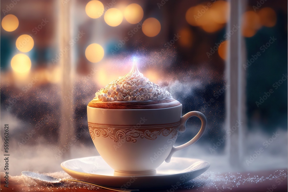 Poster a cup of hot chocolate with a candle on top of it on a saucer on a table in front of a window with l